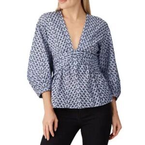 DEREK LAM 10 Crosby Noe Top Womens 0 Blue Embroidered Knot Front Blouse Cotton